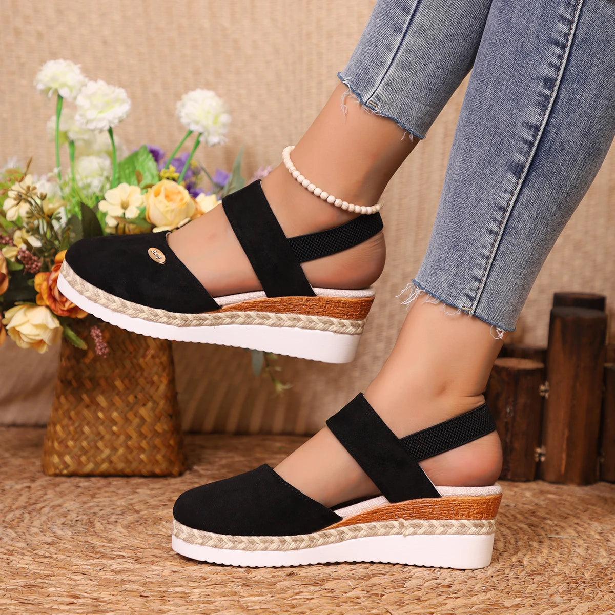 Scarpe Estive Donna con Zeppa in Corda e Cinturino Elastico - Comode, Eleganti e Leggere Tutto il Giorno