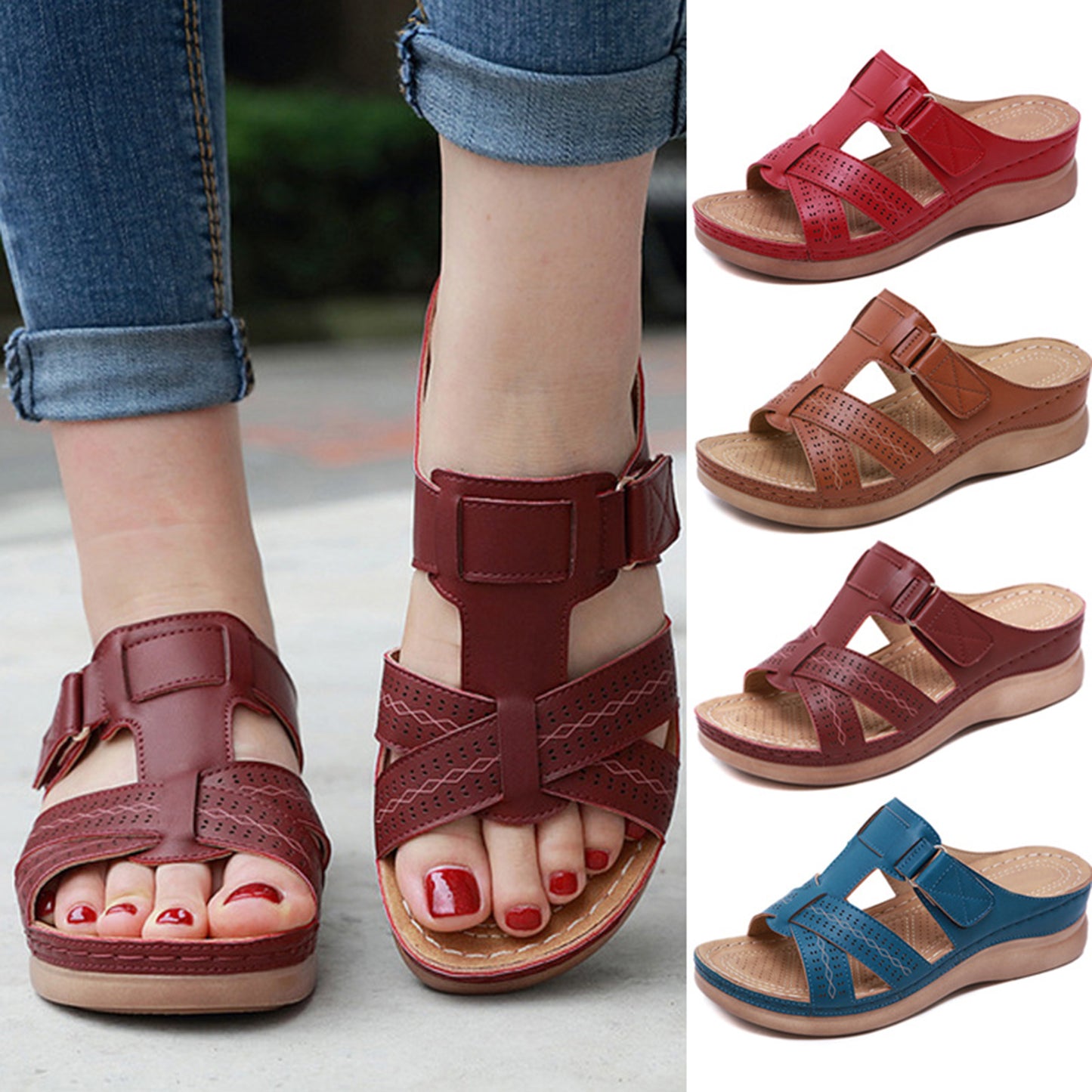 Scarpe Estive Donna con Zeppa Ergonomica e Velcro Regolabile - Comode, Traspiranti e Leggere Tutto il Giorno