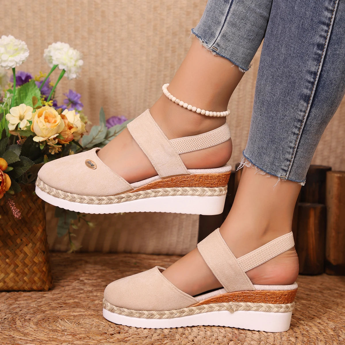 Scarpe Estive Donna con Zeppa in Corda e Cinturino Elastico - Comode, Eleganti e Leggere Tutto il Giorno